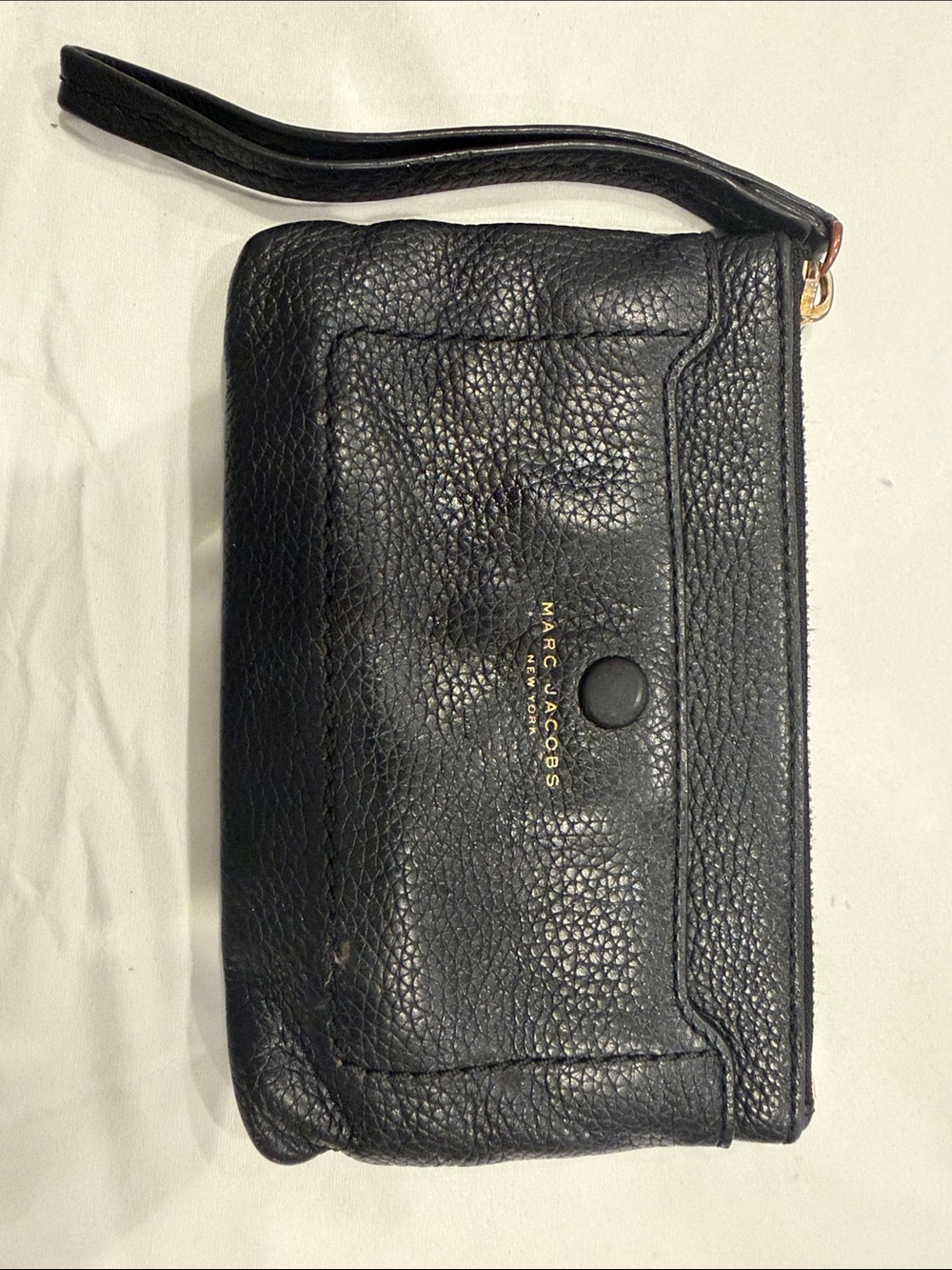 Marc Jacobs Black Pebbled Leather Wristlet Clutch with Gold Logo